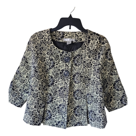 WD. NY Jacket Women Sz 6 Abstract Print 3/4 Sleeves Huge Buttons Pleated Career - Picture 1 of 12